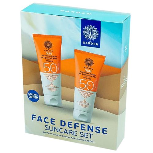 Garden Πακέτο Προσφοράς Face Defense Sun Face Cream Spf50+ with Organic Aloe Vera Αντηλιακή Κρέμα Προσώπου, Πολύ Υψηλής Προστασίας με Οργανική Αλόη 2x50ml